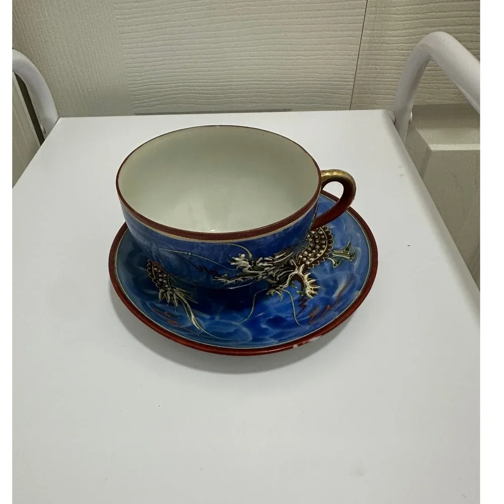 Vintage Dragon Ware‎ Tea Cup Saucer Set Blue Moriage Japanese Porcelain Good
